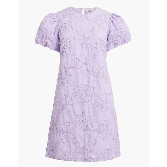 J.Crew Eyelet Puff-Sleeve Mini Dress WMNS 14 Purple Flower Embroidery Crew Neck - Picture 2 of 8